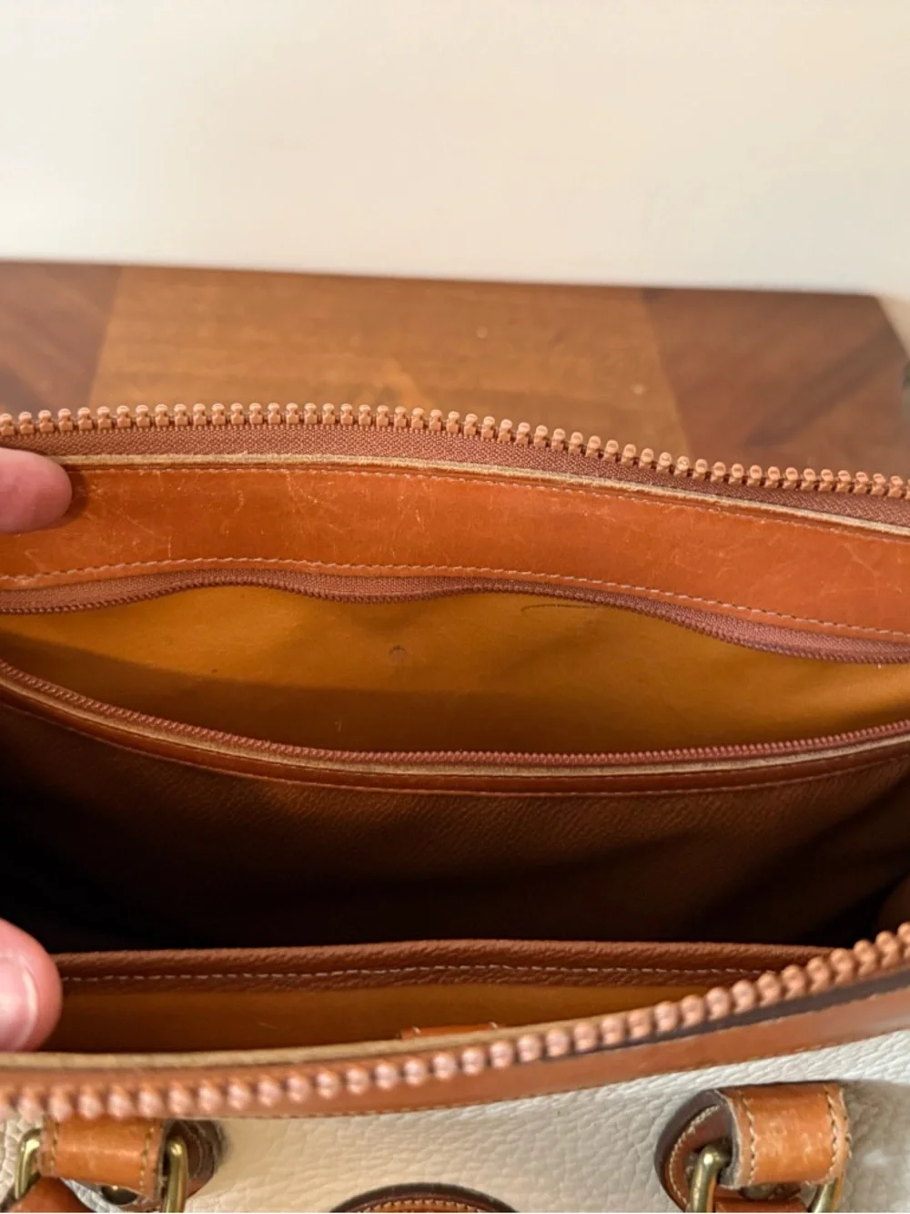 Dooney & Bourke White and Tan Pebbled Leather Satchel - Picture 9 of 10